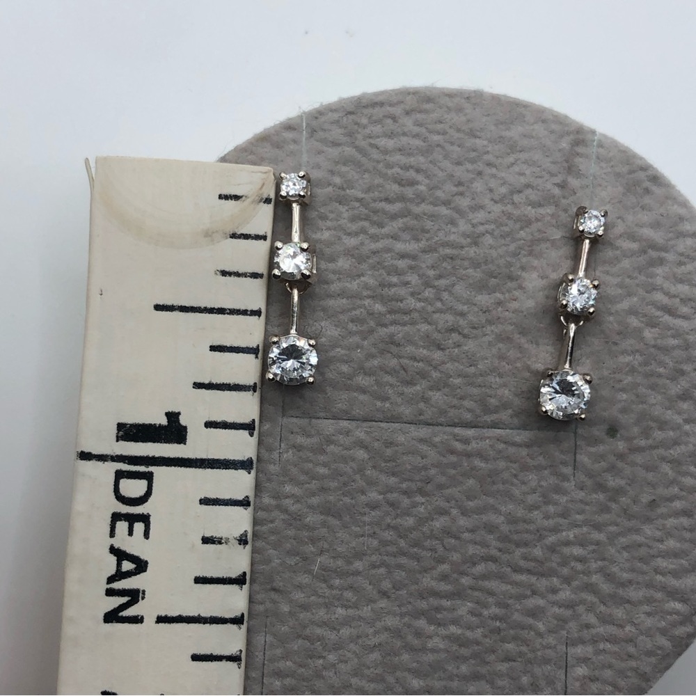 STERLING Silver & Clear / White CZ Stones Segmented Dangle Stud Earrings .7” - Picture 4 of 4